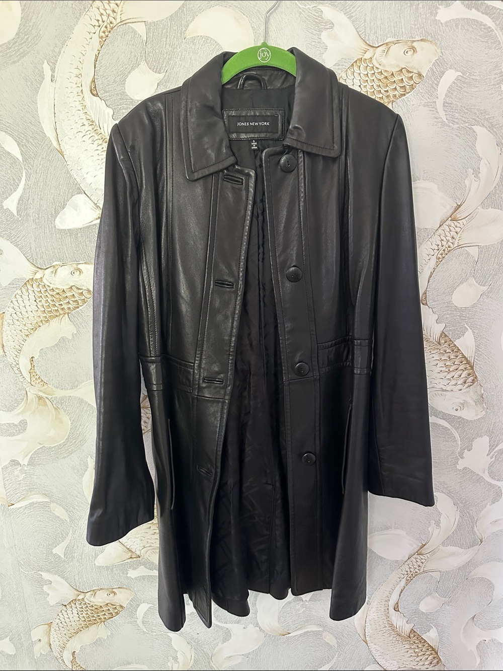 Jones New York Black Leather 3/4 Length Coat